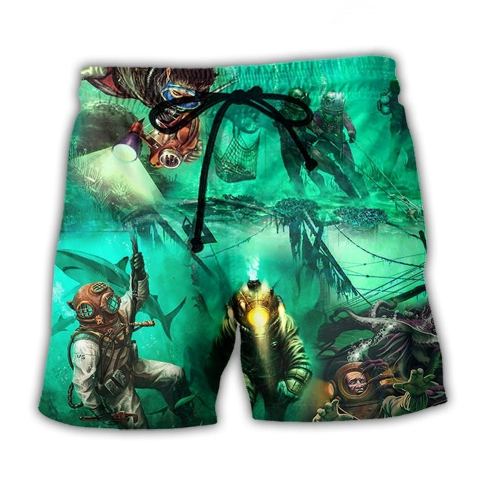 Sea Monster Diving Fantasy Art – Beach Short