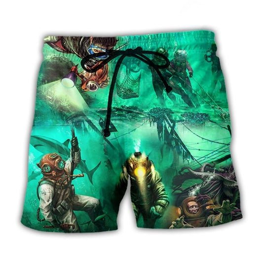 Sea Monster Diving Fantasy Art – Beach Short