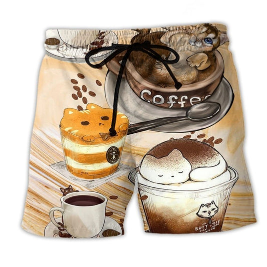 Funny Cat On Coffee Cup - Beach Short