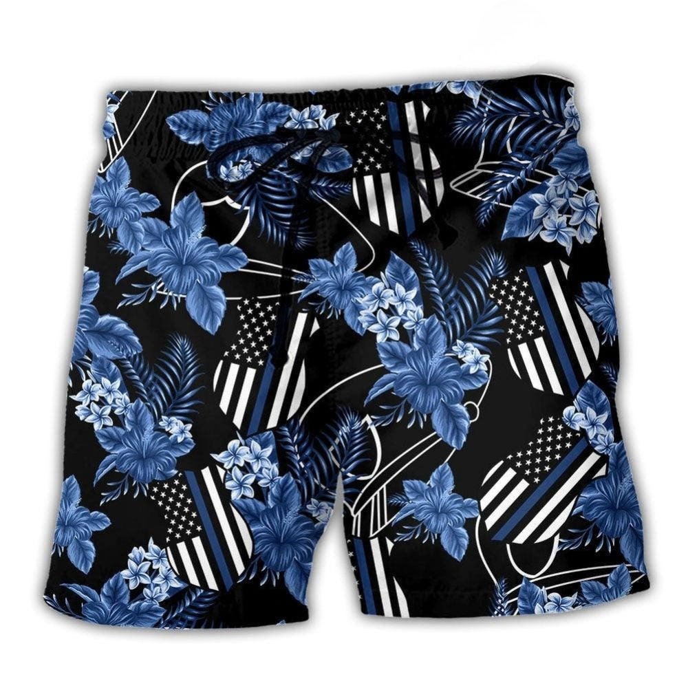 Police Blue Tropical Floral Leaf – Beach Short