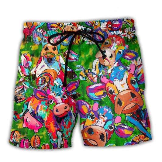 Cow With Flowers Funny Farm Art – Beach Short