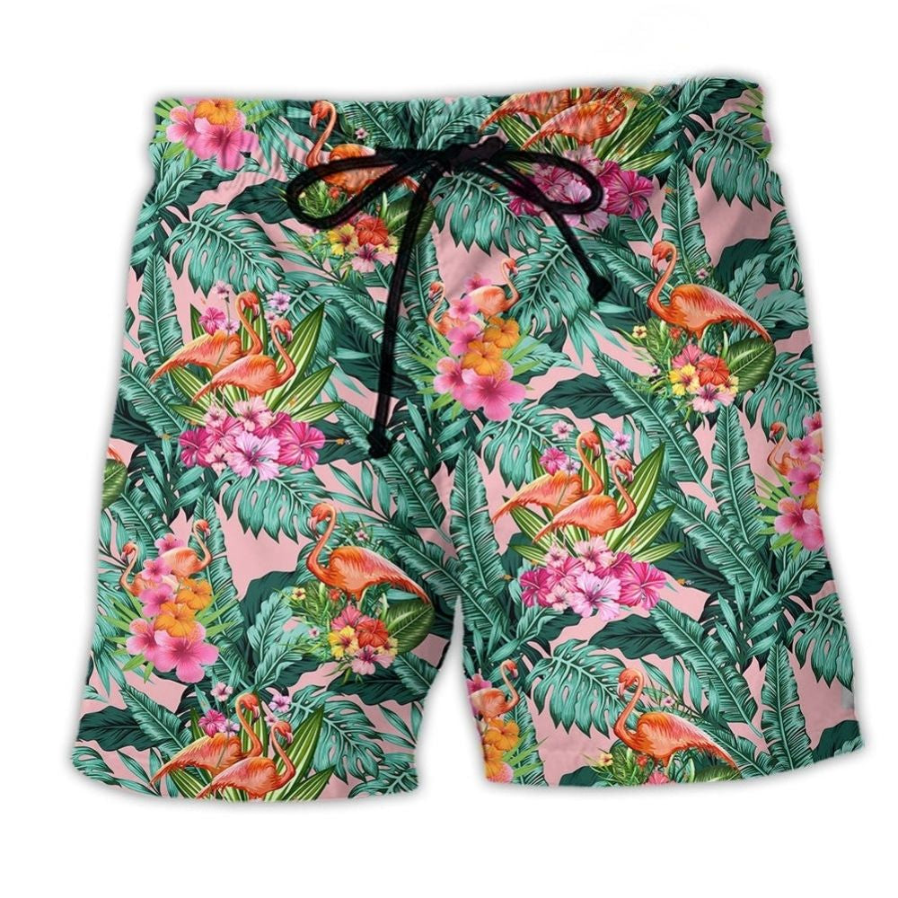 Flamingo Floral Tropical Leaf Art – Beach Short