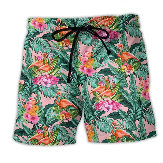 Flamingo Floral Tropical Leaf Art – Beach Short