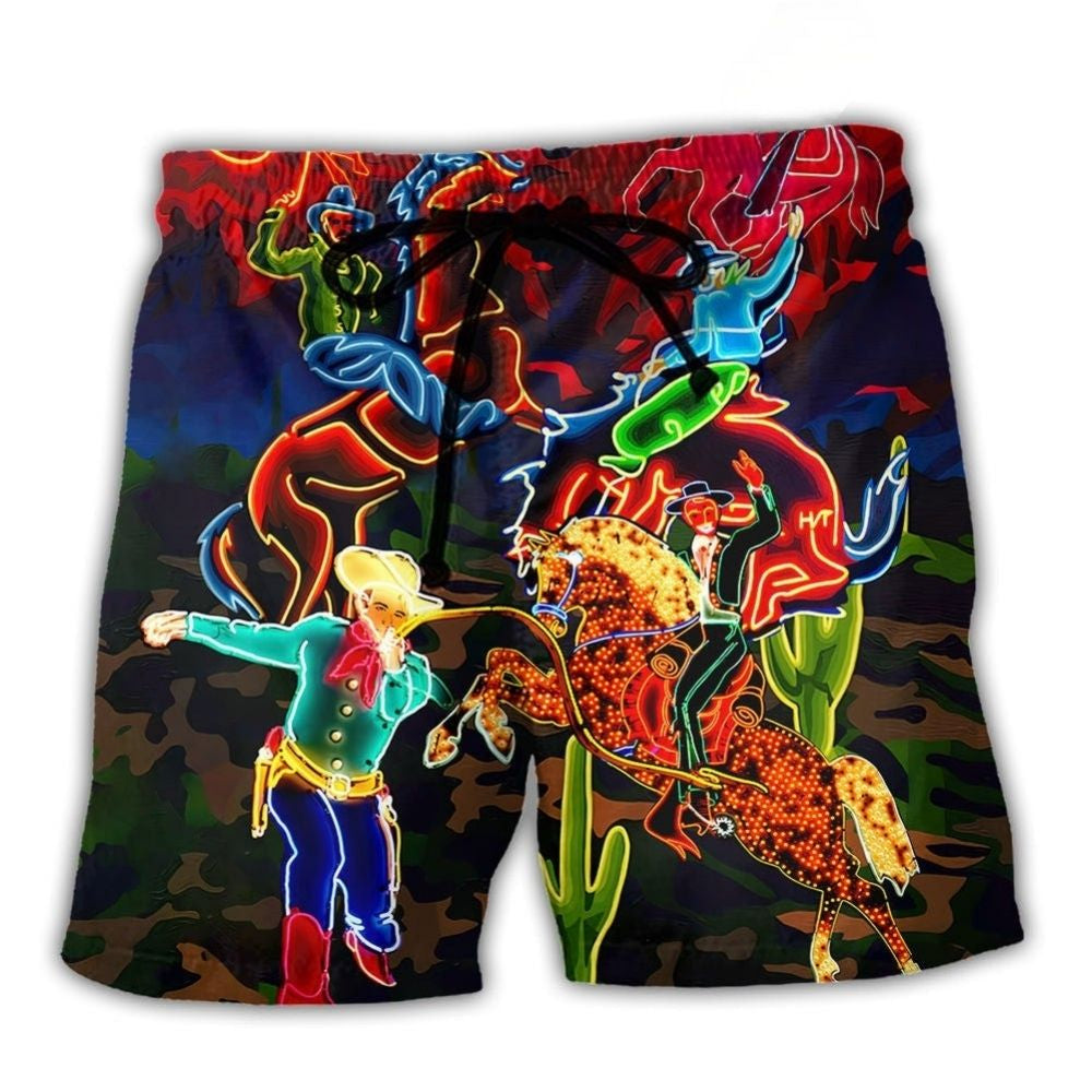 Cowboy Riding Horse Neon Desert – Beach Short