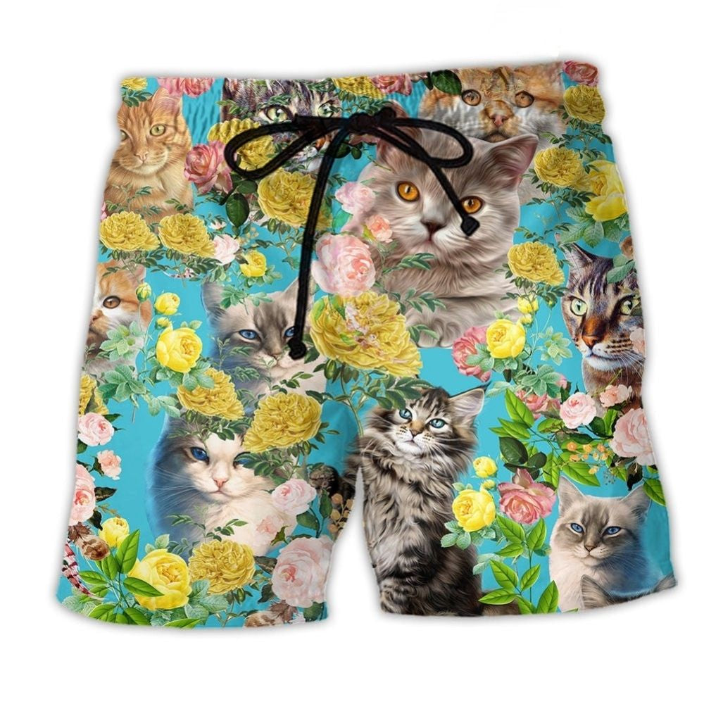 Cute Kitten With Flowers Art – Beach Short