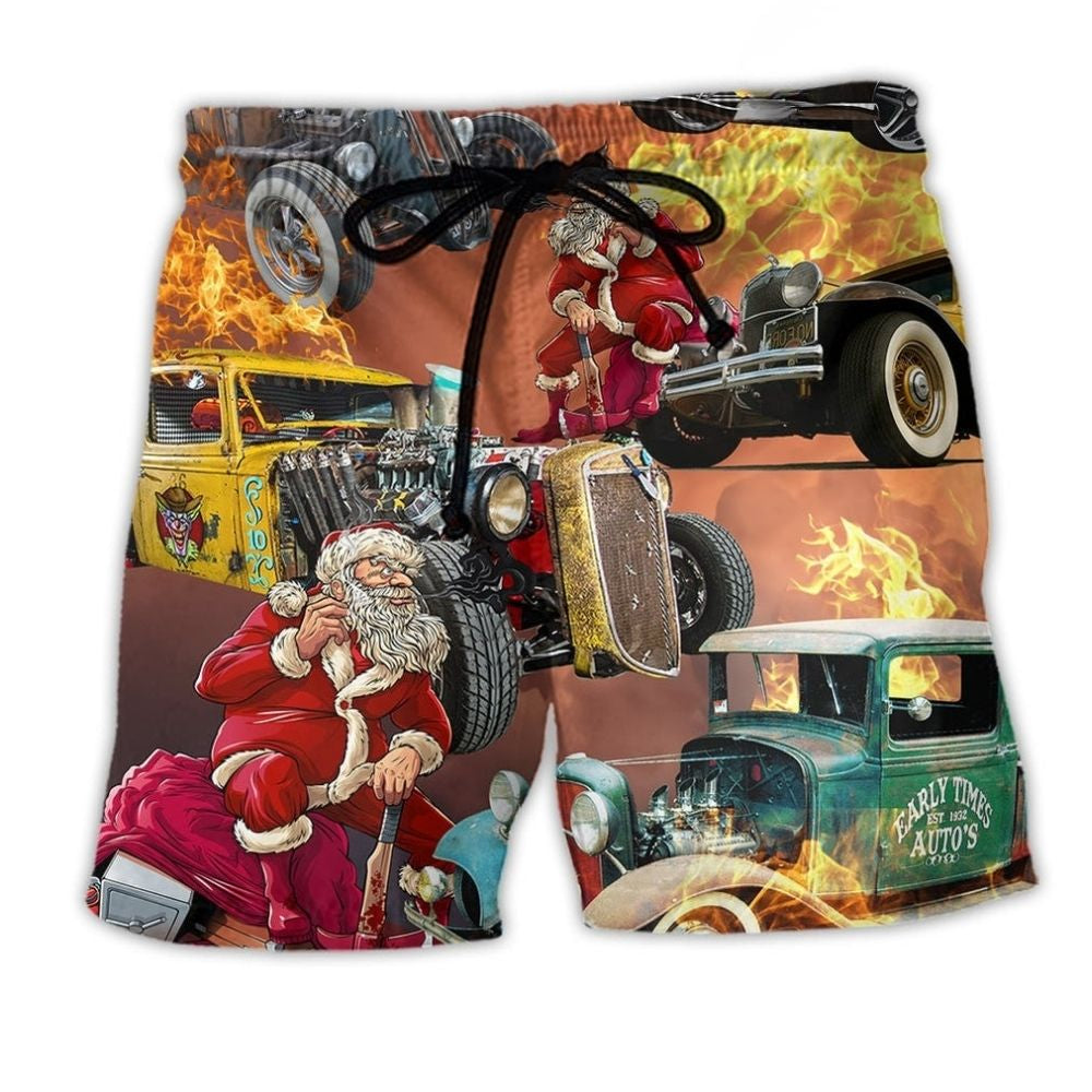Hot Rod Santa Fire Christmas Art – Beach Short