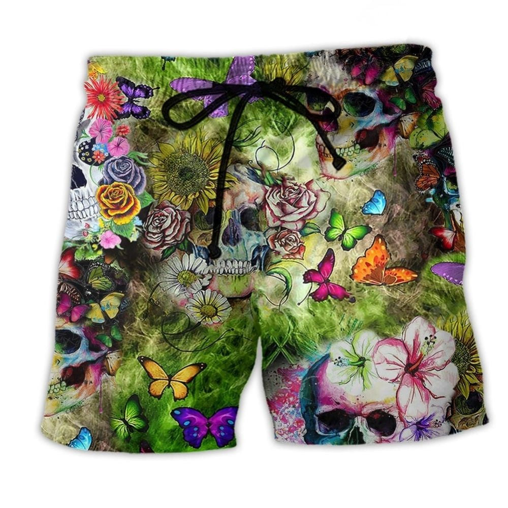 Skull Love Butterfly Floral Art – Beach Short
