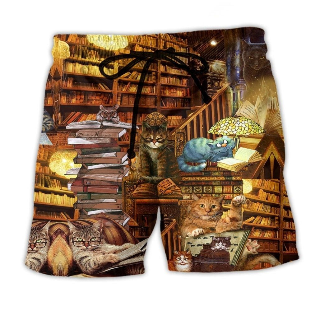 Book And Cat Happiness Art – Beach Short