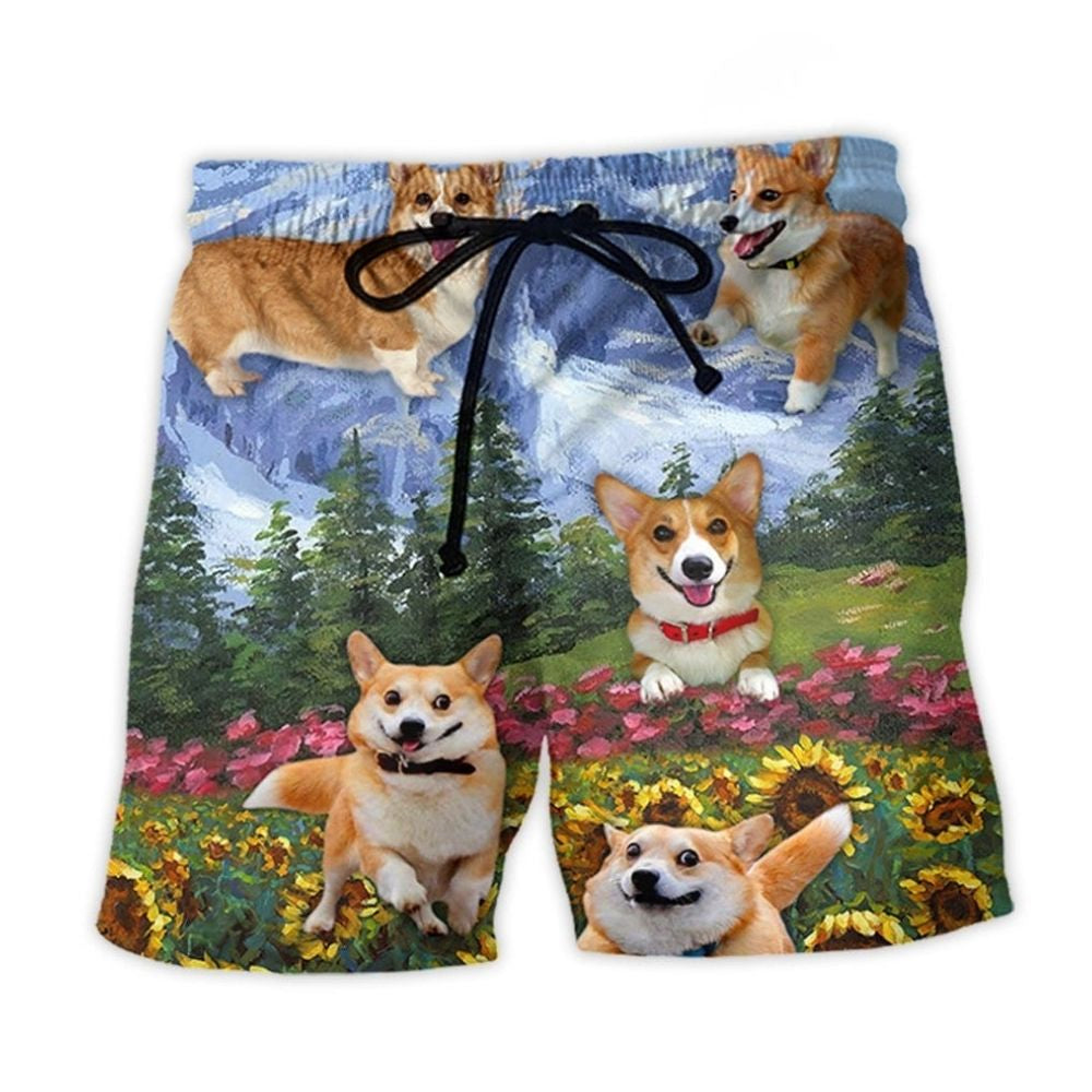 Cute Corgi Playing With Flowers – Beach Short