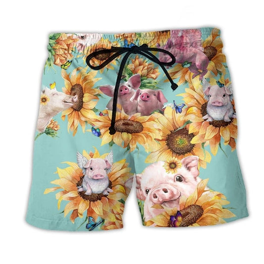 Pig Sunflower Animal Love Art - Beach Short