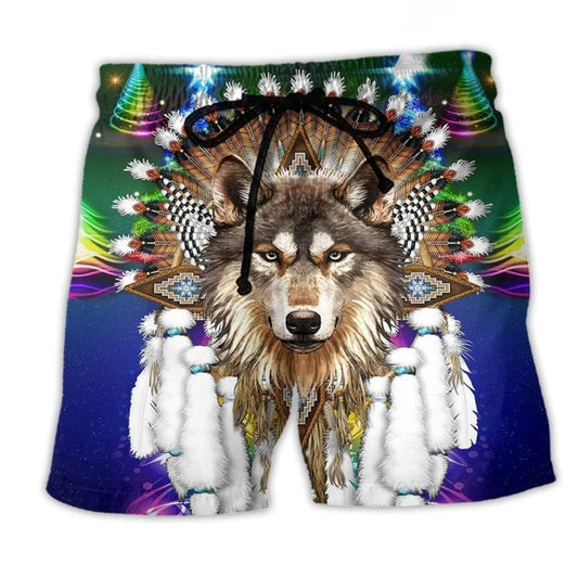 Native Wolf Merry Christmas Winter Art – Beach Short