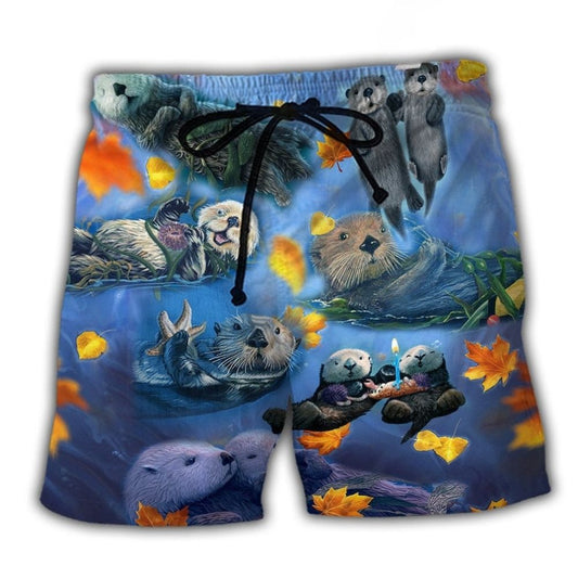 Otter Couple Love With Maple Leaf Art – Beach Short