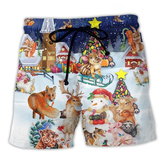 Christmas Happy Animals Snow Scene - Beach Short