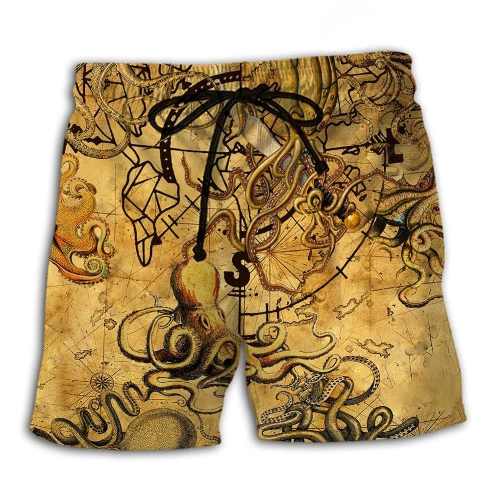 Vintage Octopus Treasure Hunt Nautical Art – Beach Short