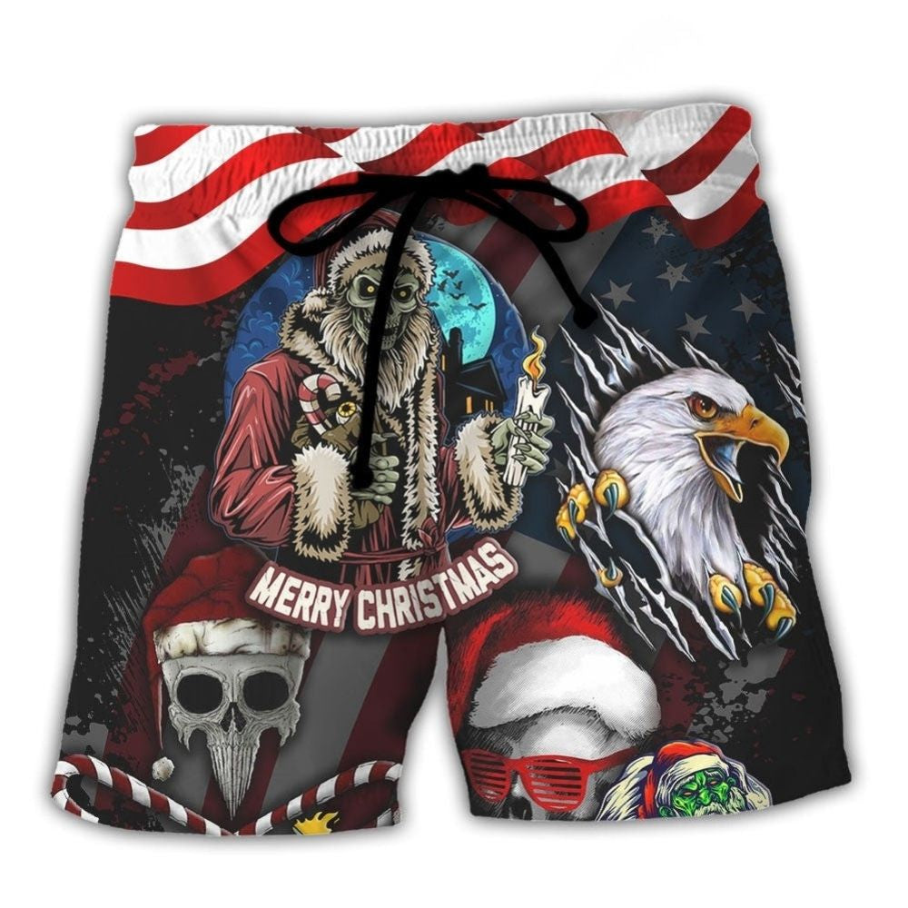 Skull Christmas US Flag Skeleton And Eagle Xmas Vibe - Beach Short