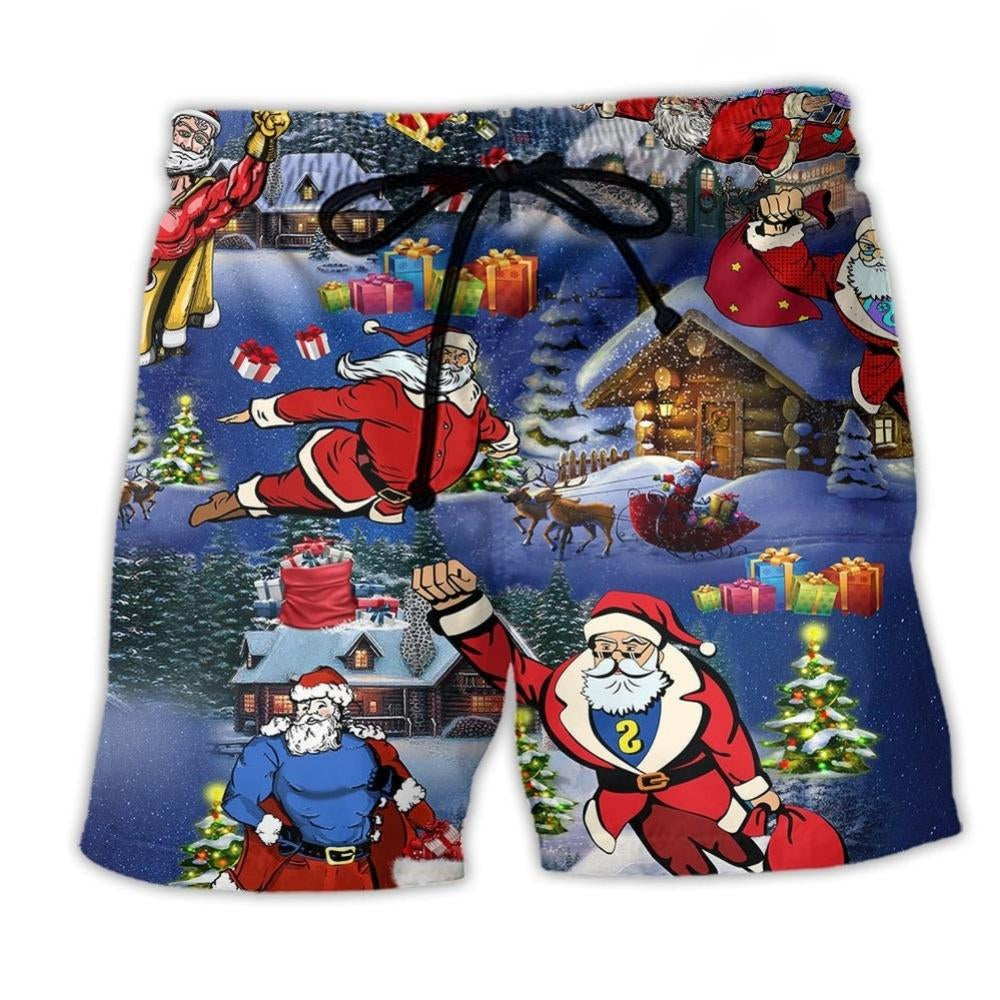 Christmas Flying Super Santa Art - Beach Short