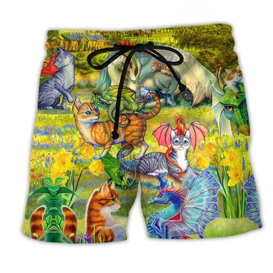 Dragon And Cats Floral Fantasy – Beach Short