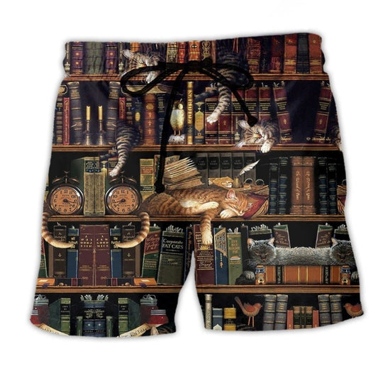 Book And Cat Cozy Sleep – Beach Short