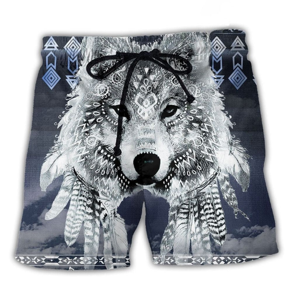 Native Style Peace Love Wolf Art - Beach Short