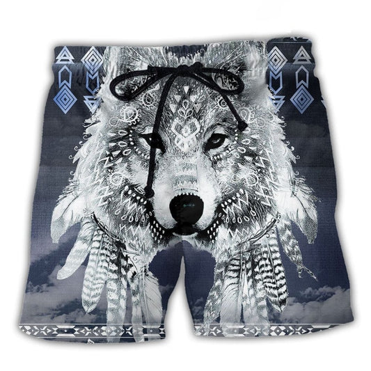 Native Style Peace Love Wolf Art - Beach Short