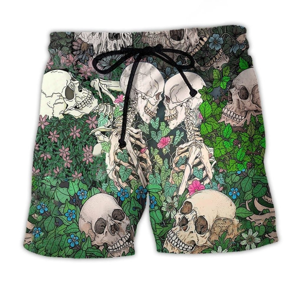 Skull Couple Kiss Floral Romantic Art – Beach Short