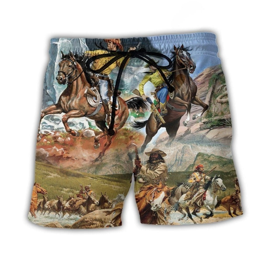 Cowboy Shooting On Horseback Desert Western – Beach Short