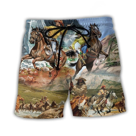 Cowboy Shooting On Horseback Desert Western – Beach Short