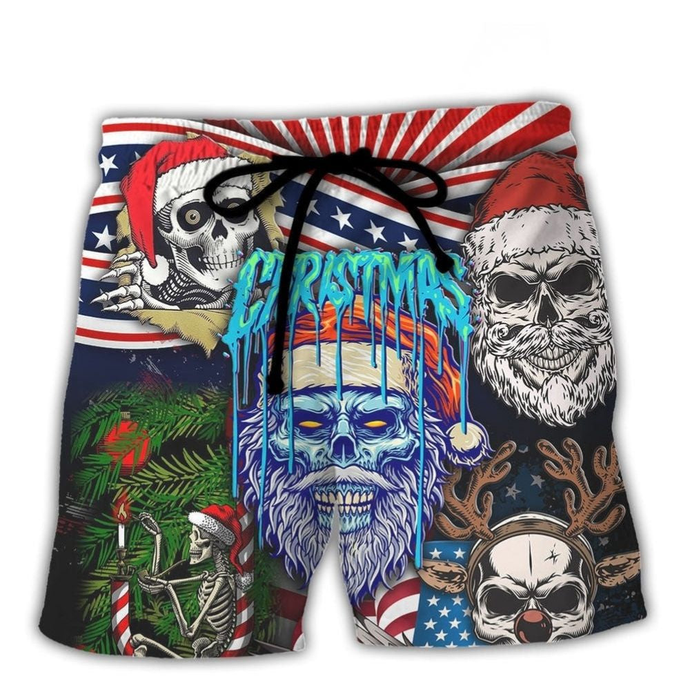 Skull Christmas US Flag Skeleton Horror Merry Christmas - Beach Short