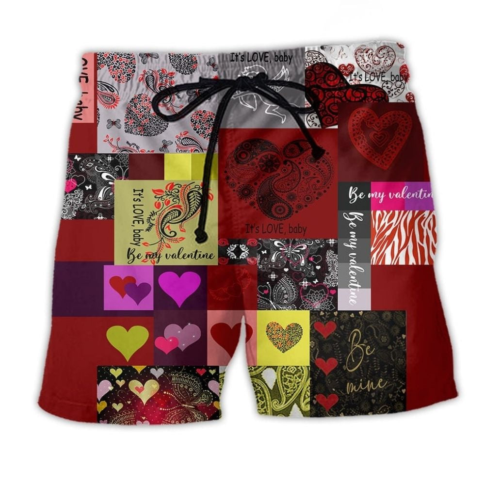 Valentine Paisley Heart Red Art - Beach Short