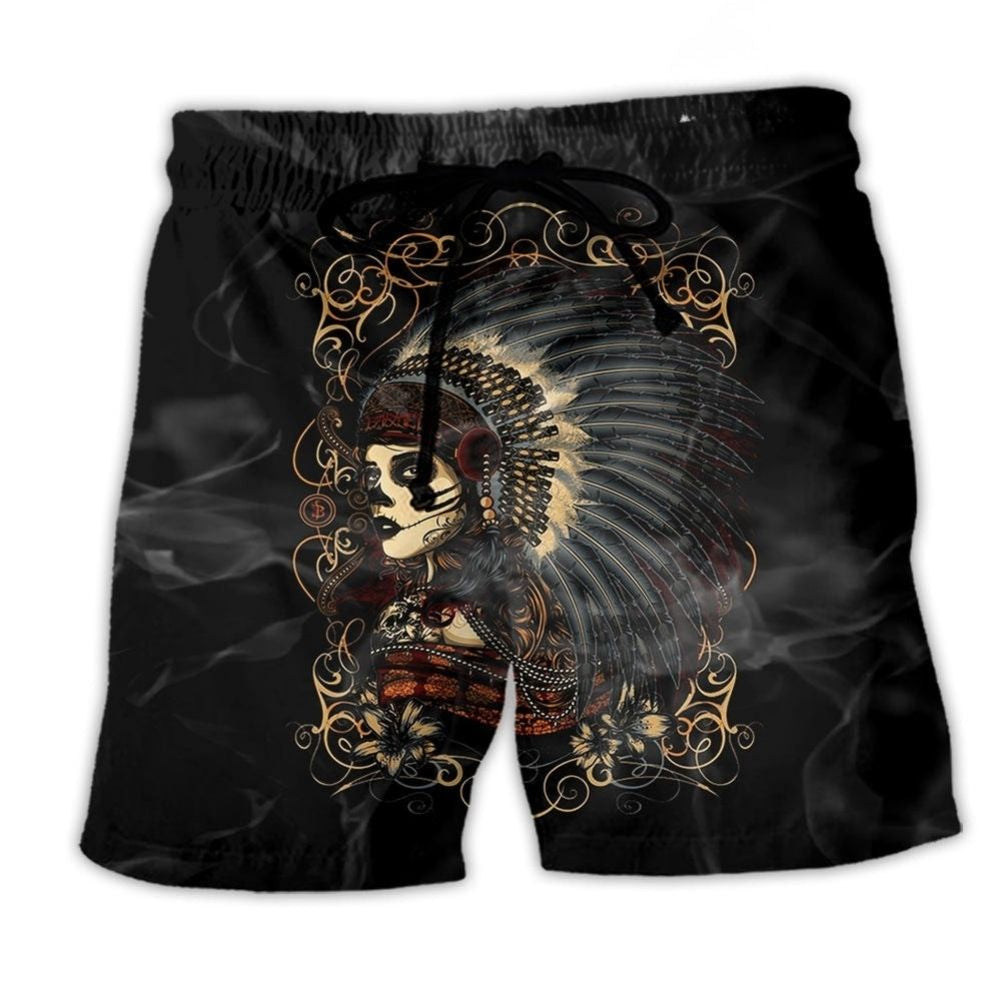 Native Girl Skull Artistic Style - Beach Short