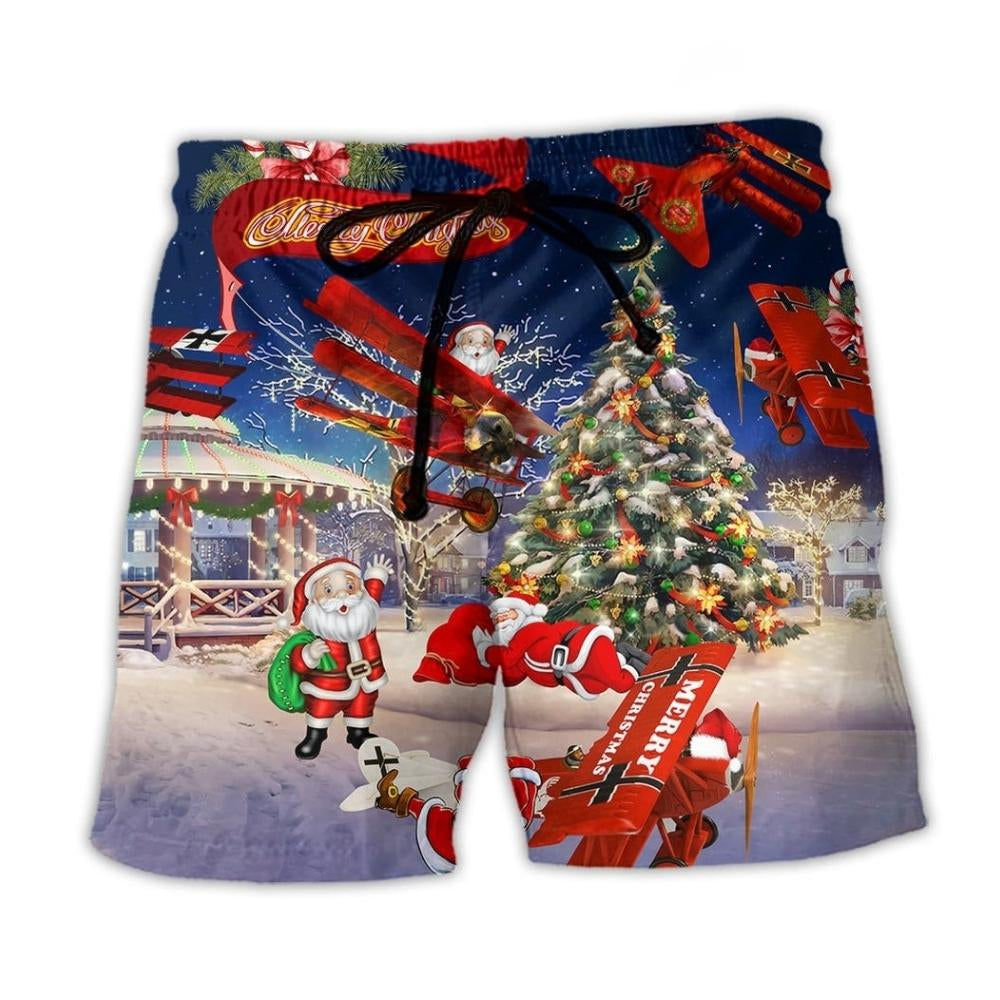 Christmas Santa Loves Airplane Fun - Beach Short