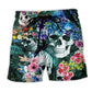 Smiling Skull Floral Blue Art - Beach Short