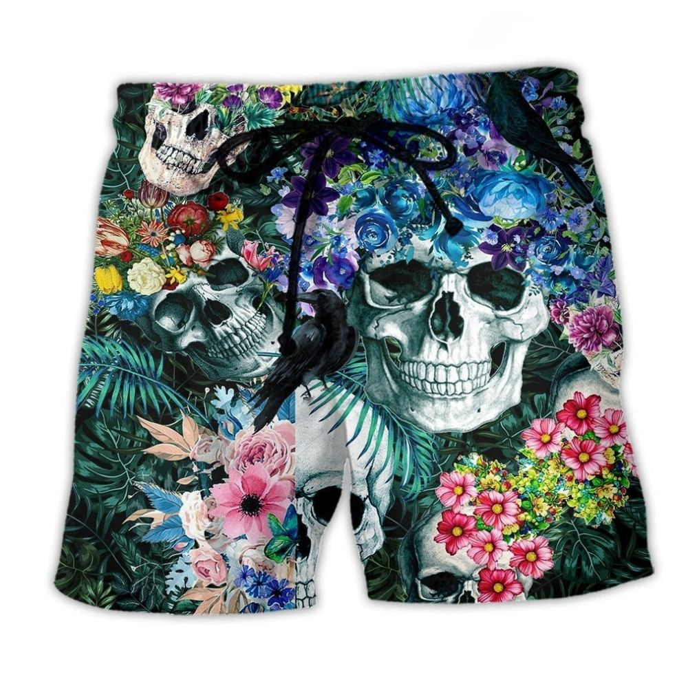 Smiling Skull Floral Blue Art - Beach Short