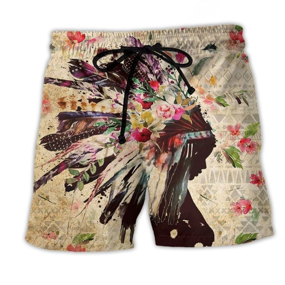 Native Girl Floral Color Portrait Art – Beach Short