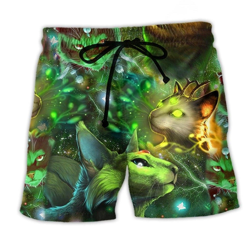 Cat Night Stars Dreamy Art - Beach Short