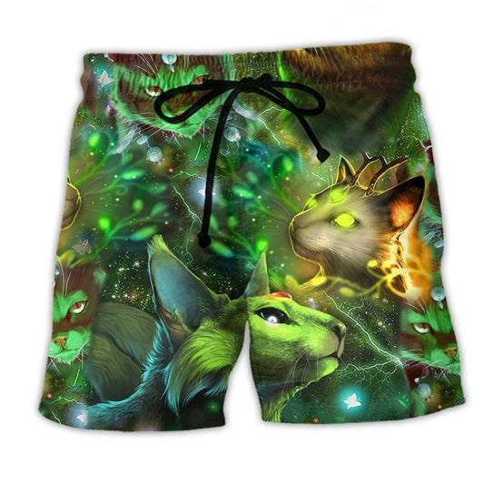 Cat Night Stars Dreamy Art - Beach Short