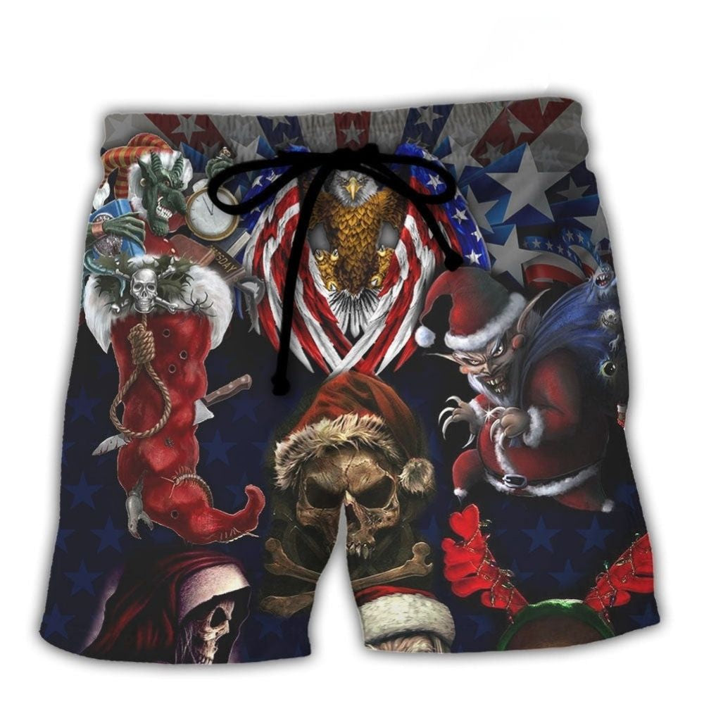Skull Christmas USA Eagle Flag Skeleton Art - Beach Short