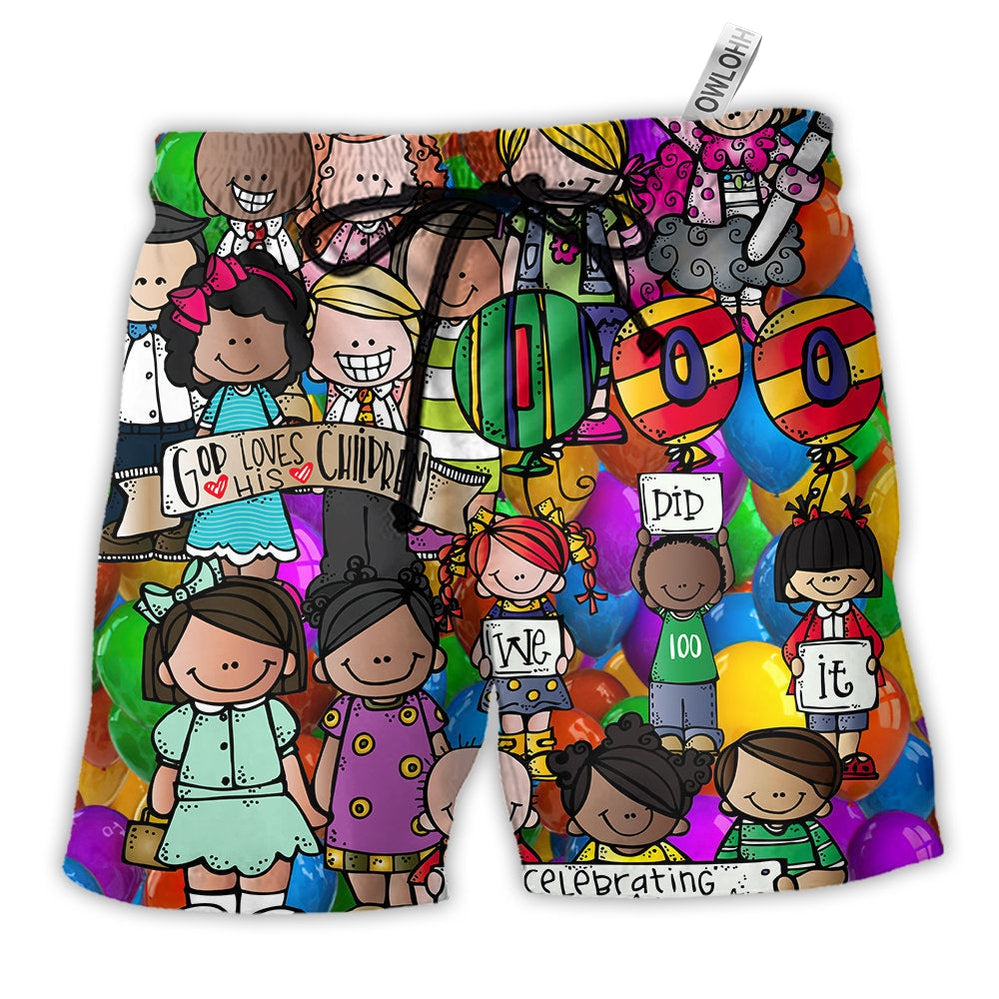 Beach Short / Adults / S School 100 Days of School With Students - Beach Short - Owls Matrix LTD