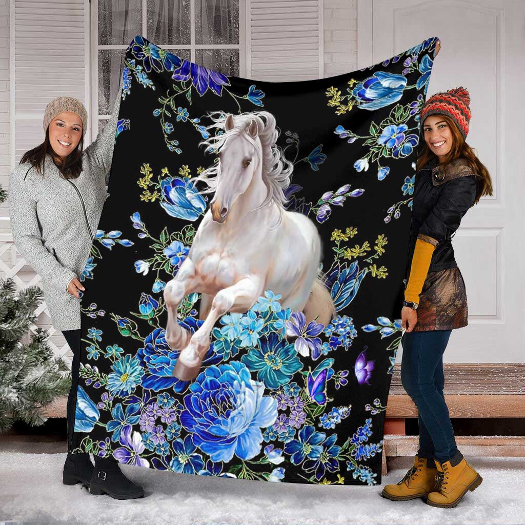Horse Blue And White Floral Flannel Blanket For Soft Bed Couch And Home Comfort