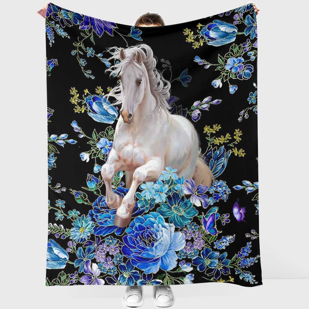 Horse Blue And White Floral Flannel Blanket For Living Room And Bedroom Styling