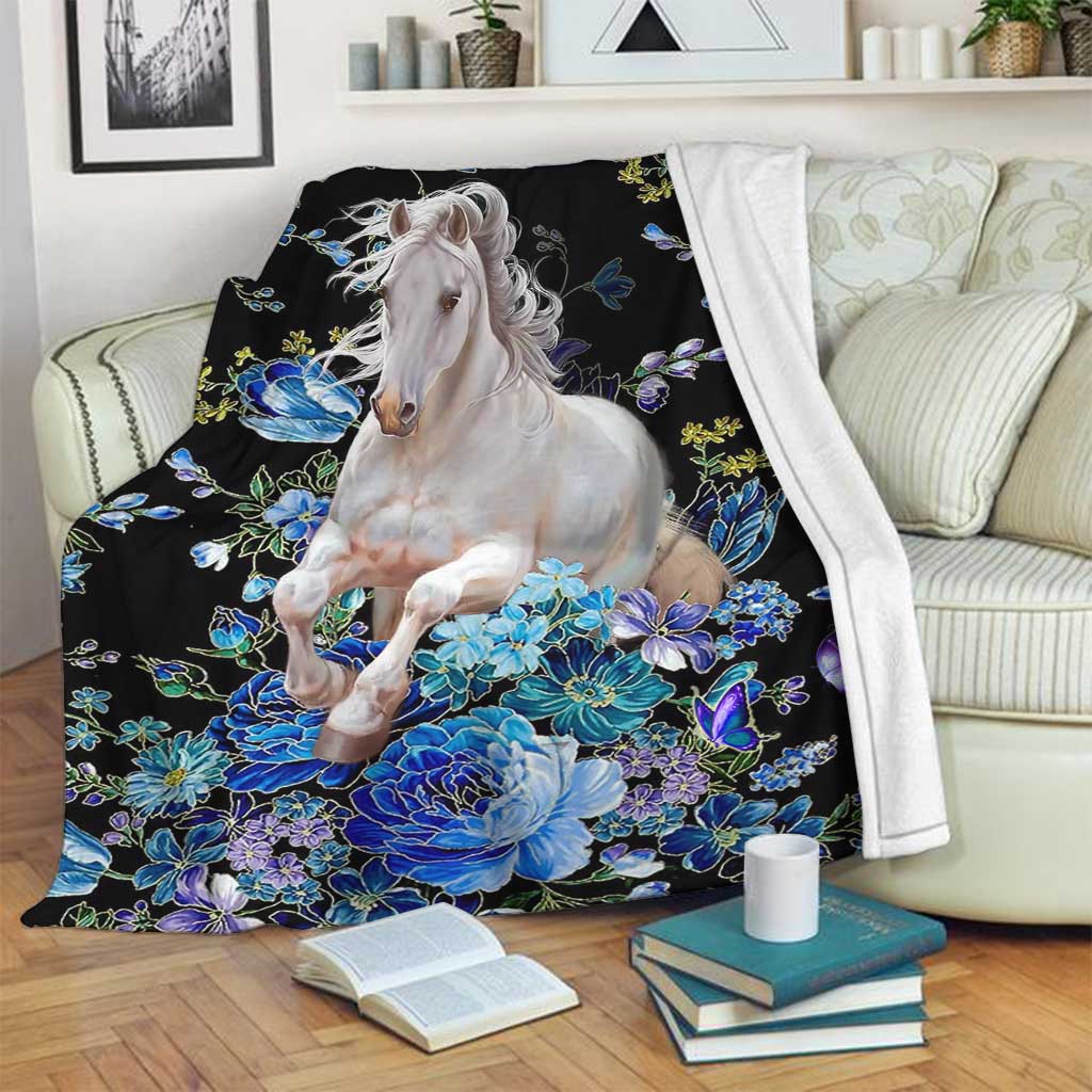 Horse Blue And White Floral Flannel Blanket For Relaxing At Home And Travel
