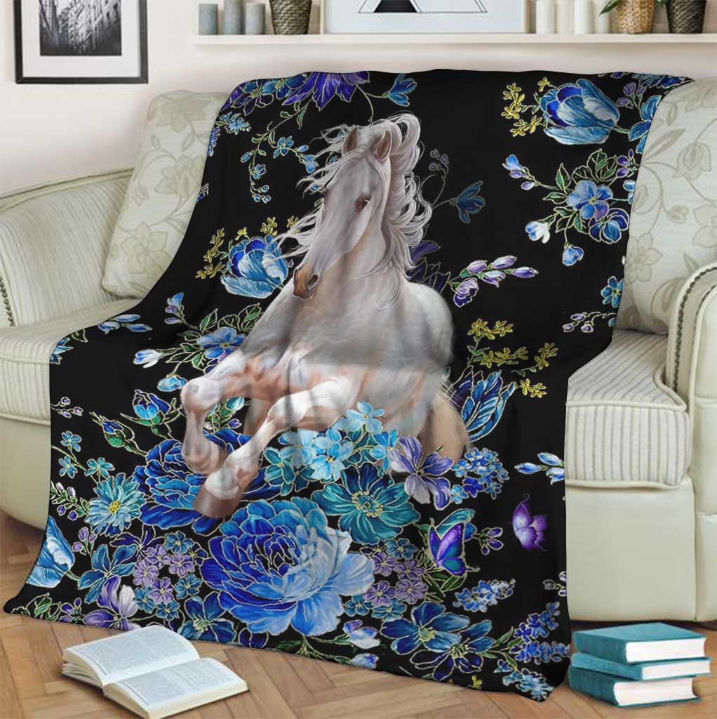 Horse Blue And White Floral Flannel Blanket For Bed Sofa And Reading Nook Decor