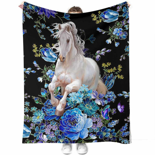 Horse Blue And White Floral Flannel Blanket For Cozy Bedroom And Sofa Decor