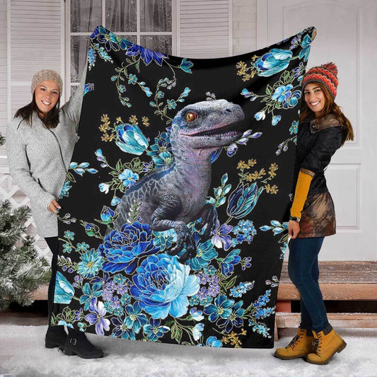 Dinosaur Next To The Flower Flannel Blanket For Cozy Bedroom And Sofa Decor