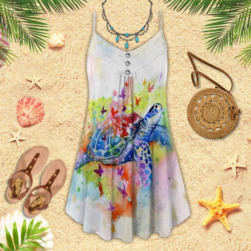 Colorful Turtle Ocean Love – Women's Summer Sleeveless V-Neck Camisole Dress
