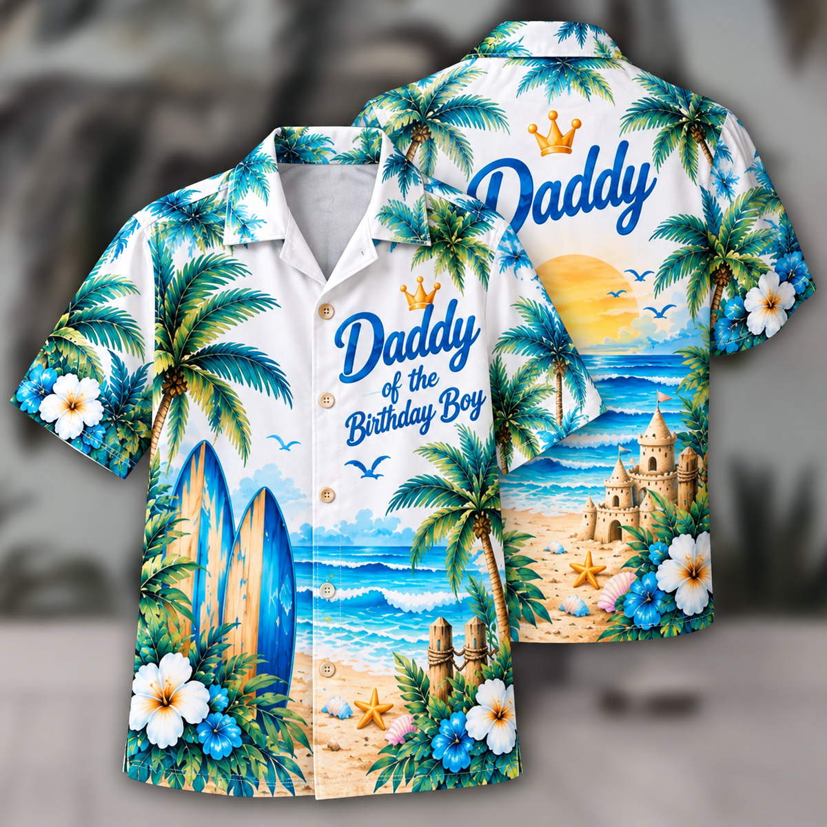 Birthday Boy Tropical Beach Palm Tree Surfboard – Hawaiian Shirt