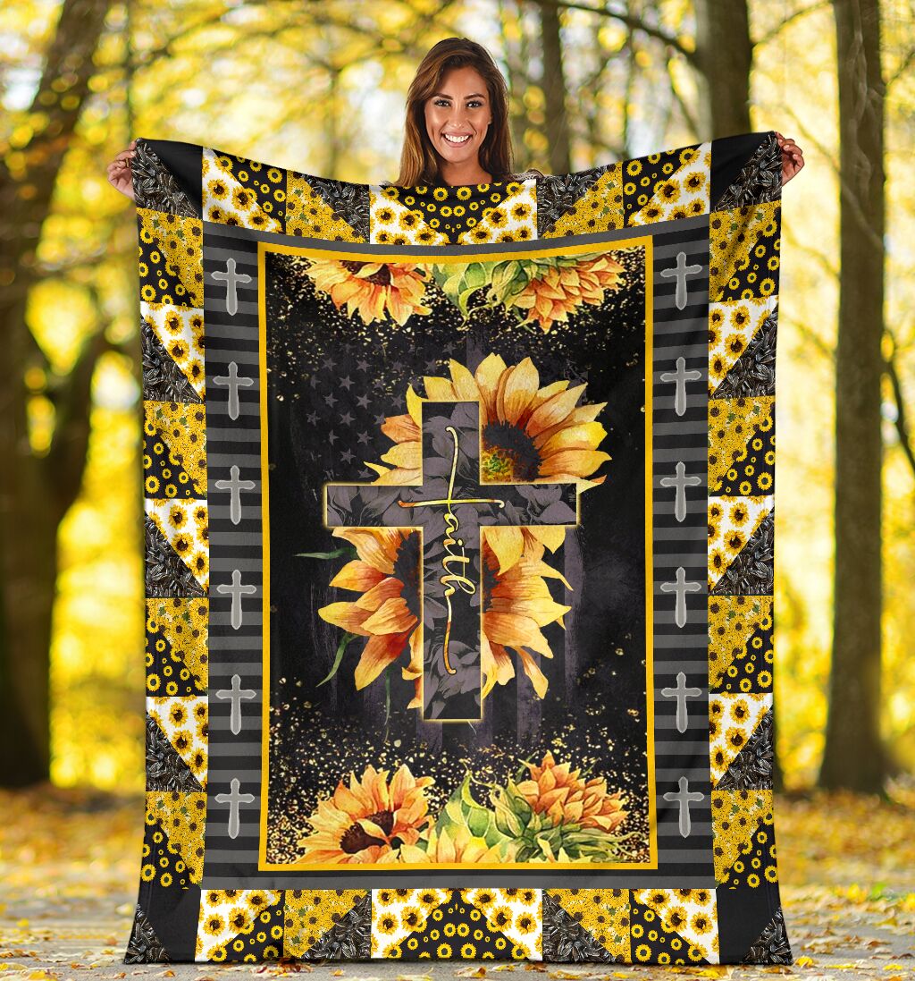 Jesus Cross On Sunflower Christian Flannel Blanket For Cozy Home Lounging And Gifting