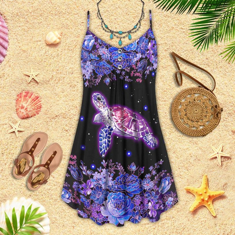 Mystical Purple Turtle Beach Soul – Women's Summer Sleeveless V-Neck Camisole Dress