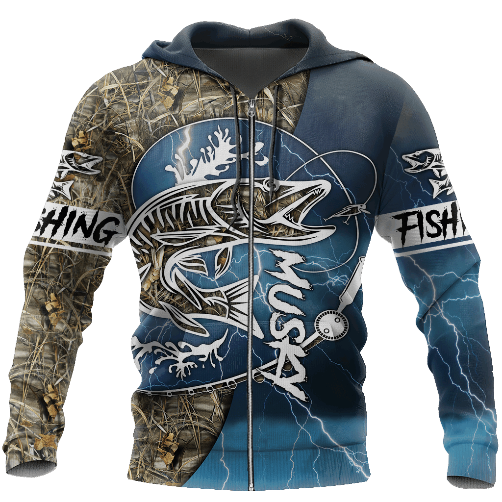 Collection Musky Fishing Hook Up Blue Camo – 3D Hoodie
