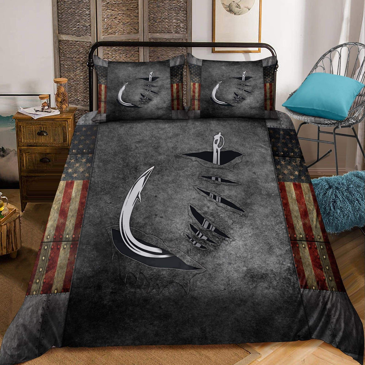 Fishing Hook Metal 3D Bedding Cover For Outdoor Lover Bedroom Decor